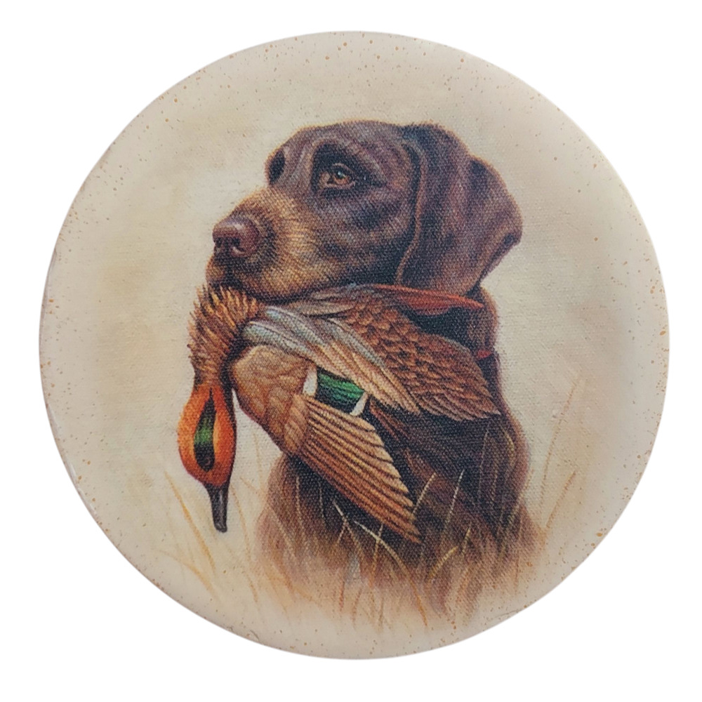 NEW Chocolate Lab Labrador Duck Hunting Dog Print Round Stone Coasters Set of 4